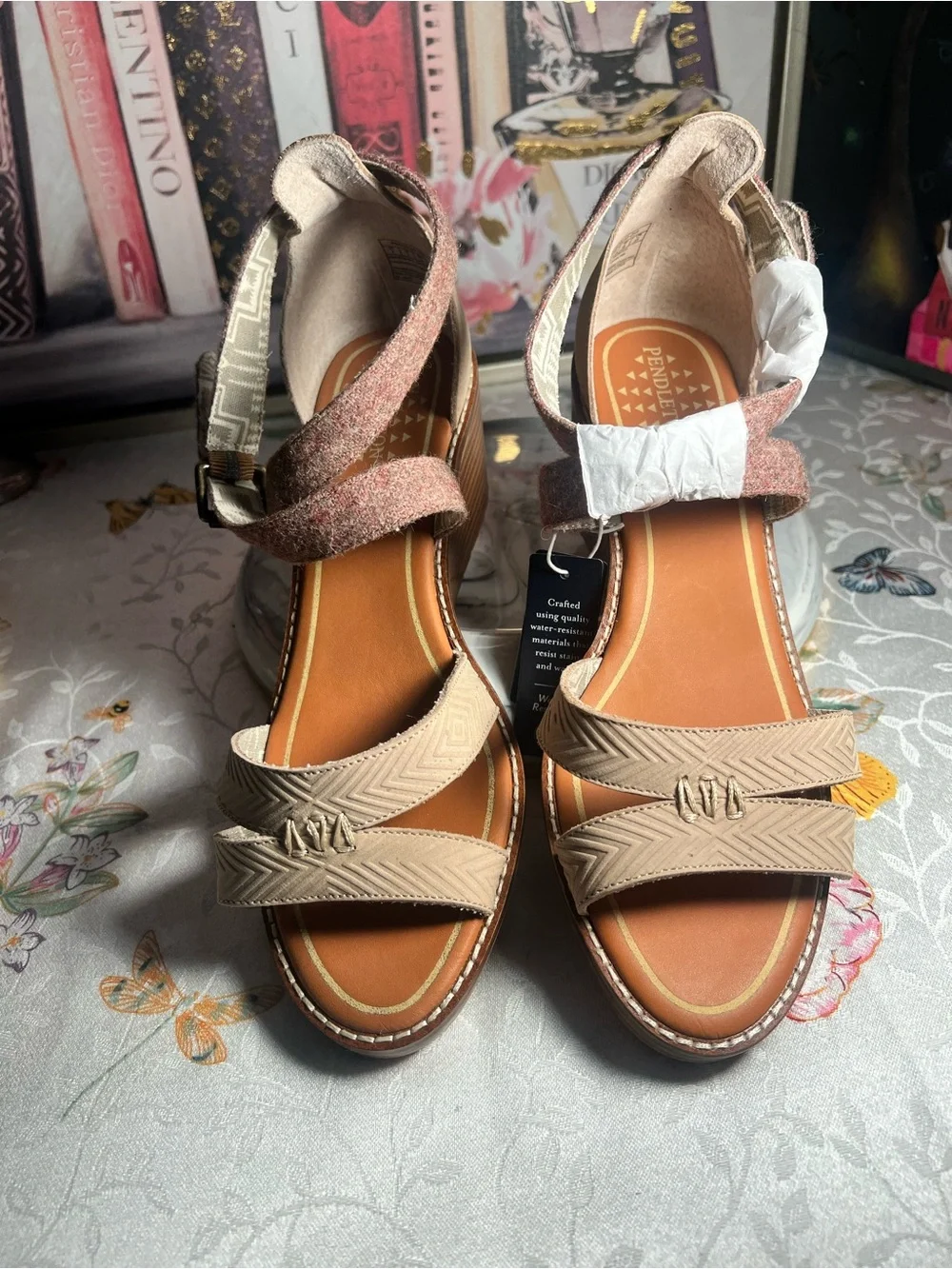Pendleton Tan and Brown Crisscross Wedge Sandals